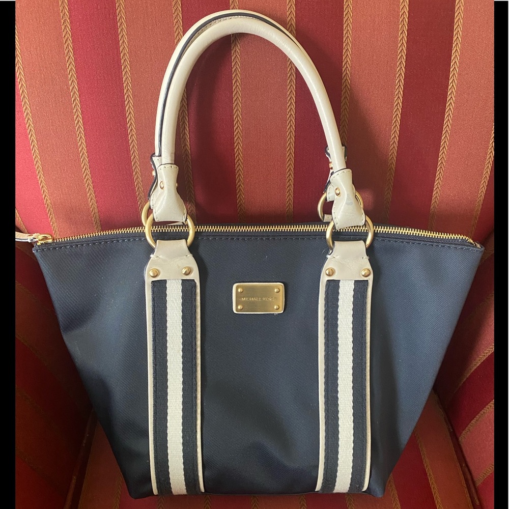 Authentic Michael Kors Navy with Blue/White Stripe Blue Canvas